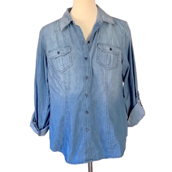 SANDRA INGRISH BLUE DENIM COTTON ROLLUP TAB LONG SLEEVE BUTTON DOWN SHIRT TOP M - Picture 3 of 8